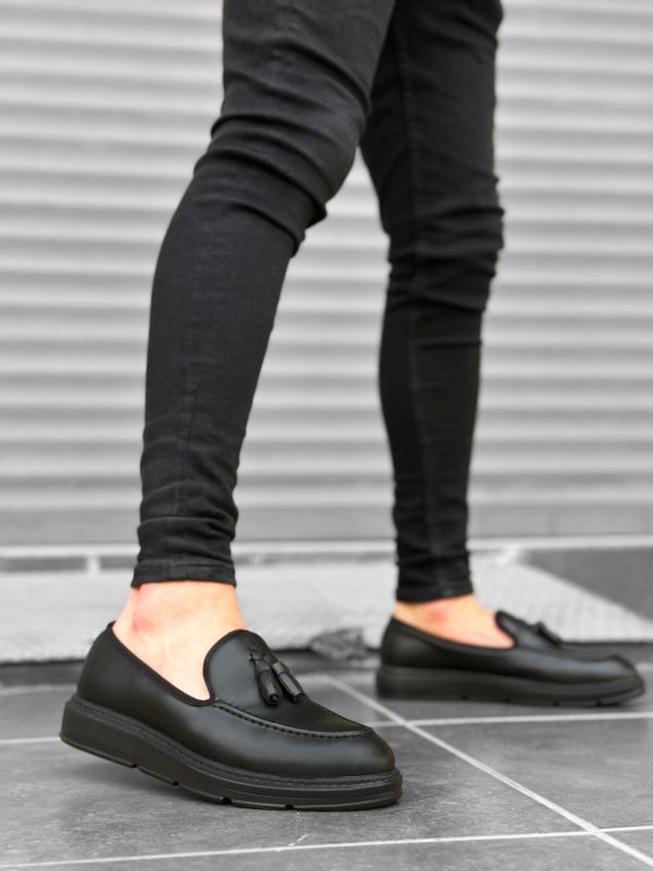 BA0005 Bağcıksız Yüksek Siyah Taban Klasik Cilt Deri Püsküllü Corcik Erkek Ayakkabı