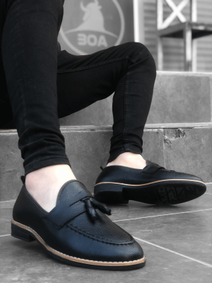 BA0009 Püsküllü Corcik Siyah Cilt Klasik Erkek Ayakkabısı