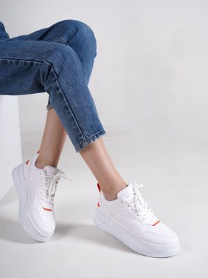 ALESSİ Bağcıklı Ortopedik Taban Kadın Sneaker Ayakkabı BT Beyaz/Turuncu