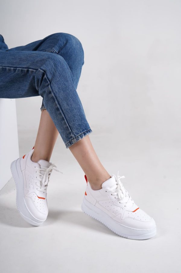 ALESSİ Bağcıklı Ortopedik Taban Kadın Sneaker Ayakkabı BT Beyaz/Turuncu