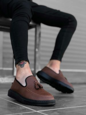BA0005 Bağcıksız Yüksek Taban Klasik Taba Siyah Taban Püsküllü Erkek Ayakkabı