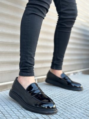 BA0316 Bağcıksız Yüksek Siyah Taban Klasik Rugan Corcik Erkek Ayakkabı
