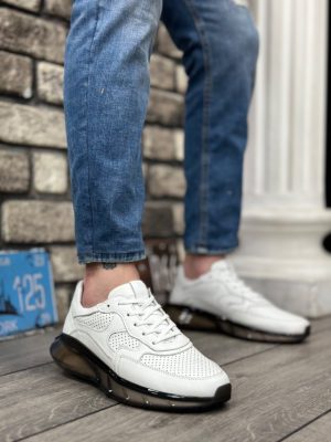 BA0324 İçi Dışı Hakiki Deri Rahat Taban Beyaz Sneakers Casual Erkek Ayakkabı