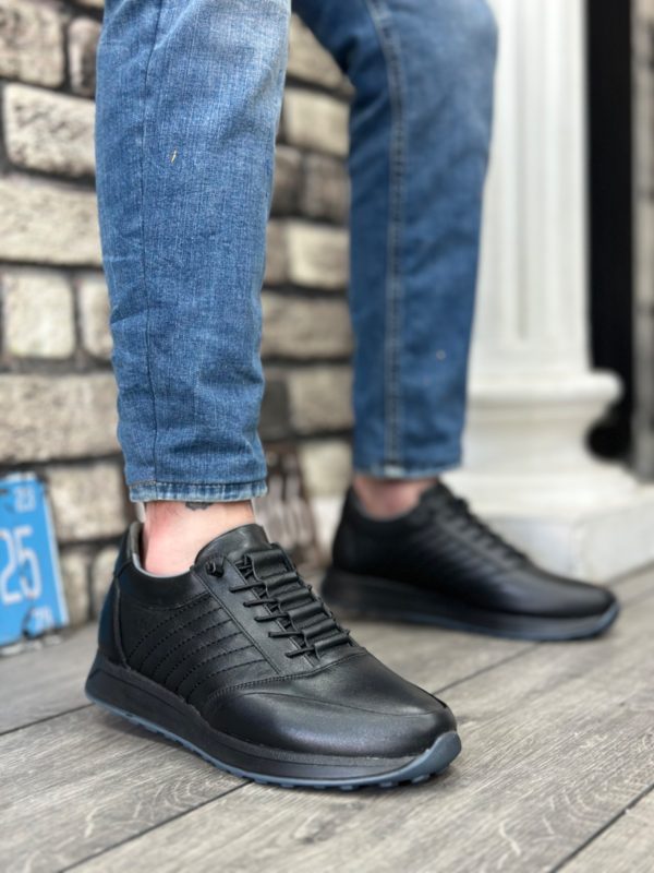 BA0325 İçi Dışı Hakiki Deri Gizli Bağcık Rahat Taban Siyah Sneakers Casual Erkek Ayakkabı