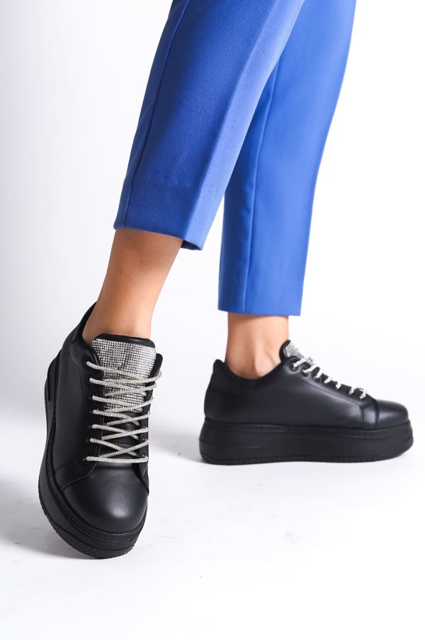 DELLA Bağcıklı Ortopedik Taban Taşlı Kadın Sneaker Ayakkabı ST Siyah